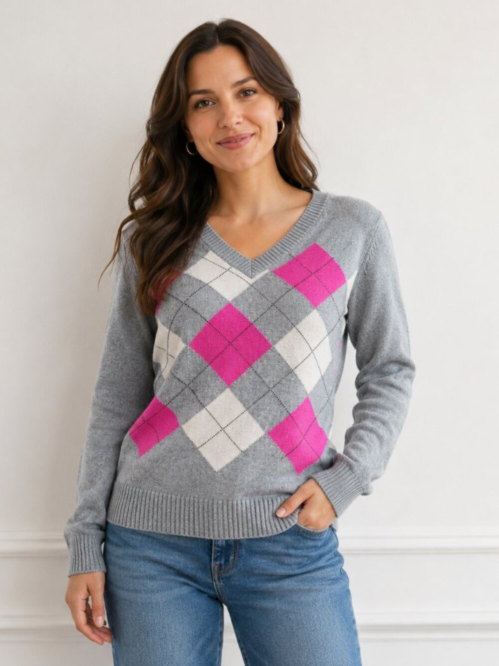 IZOD Sweater Womens Large Gray Pink Argyle V Neck 100% Cotton Preppy Pullover